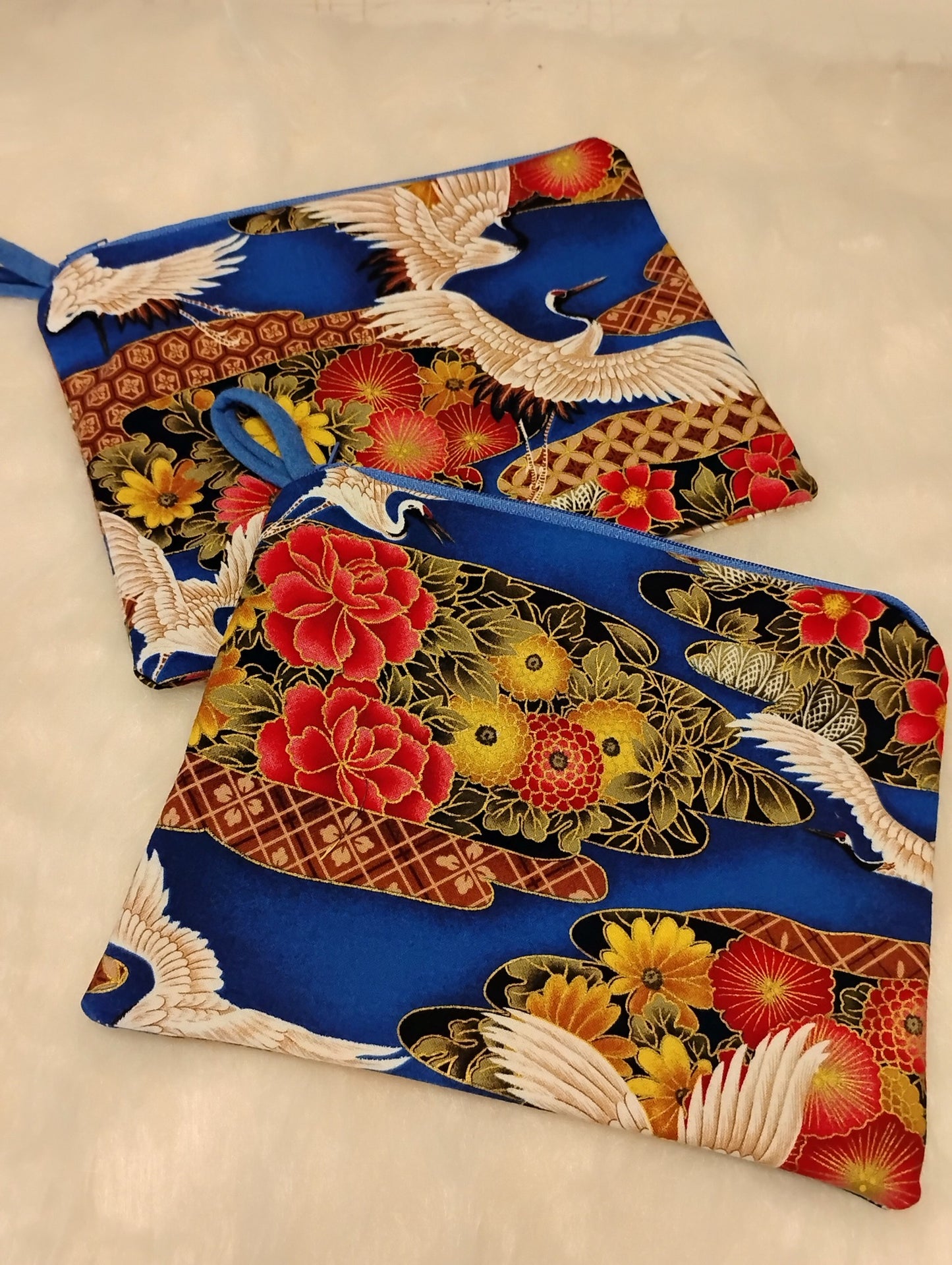2 piece Cotton Zipper Bags Blue Floral Metallic